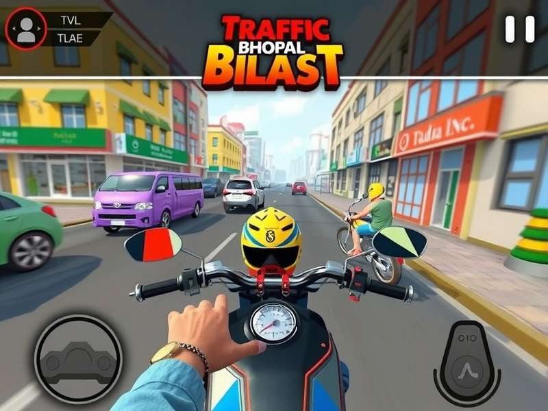 Traffic Rider Bhopal Blast gameplay screenshot showing motorcycle racing through Indian city streets
